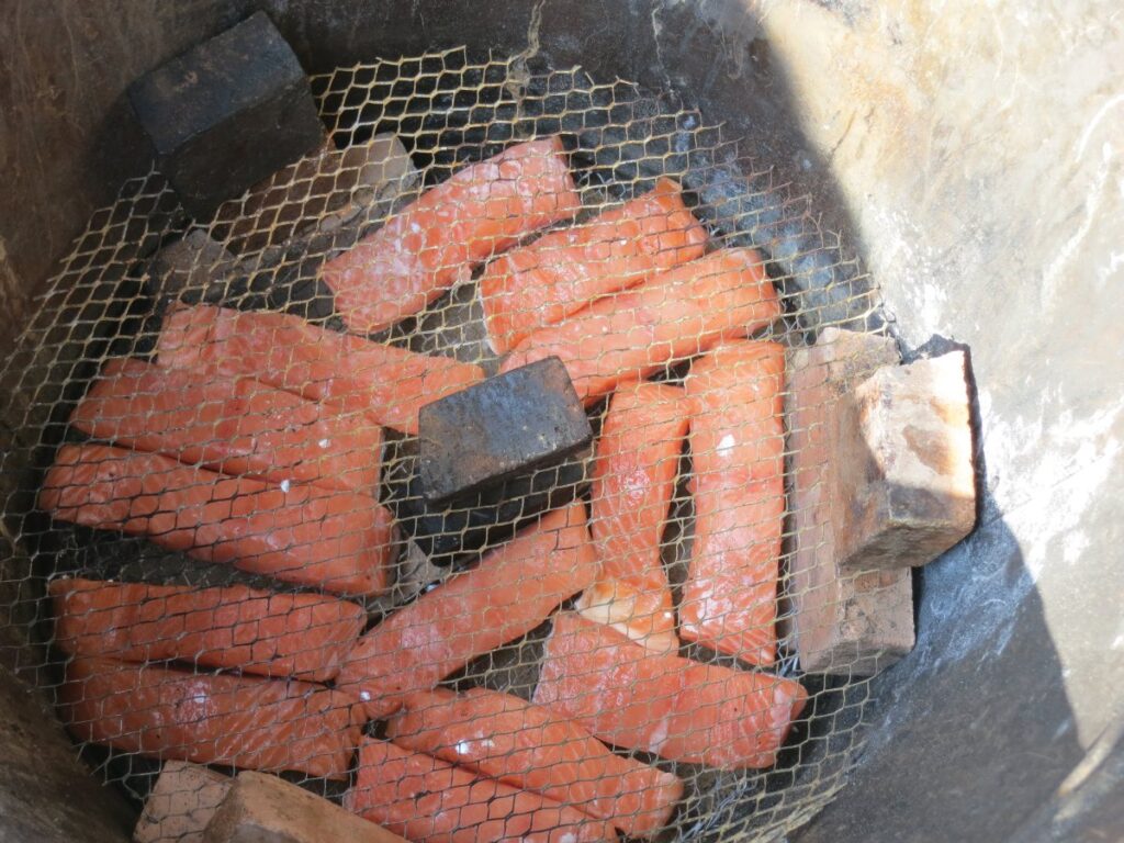 Hot smoked salmon on smoker